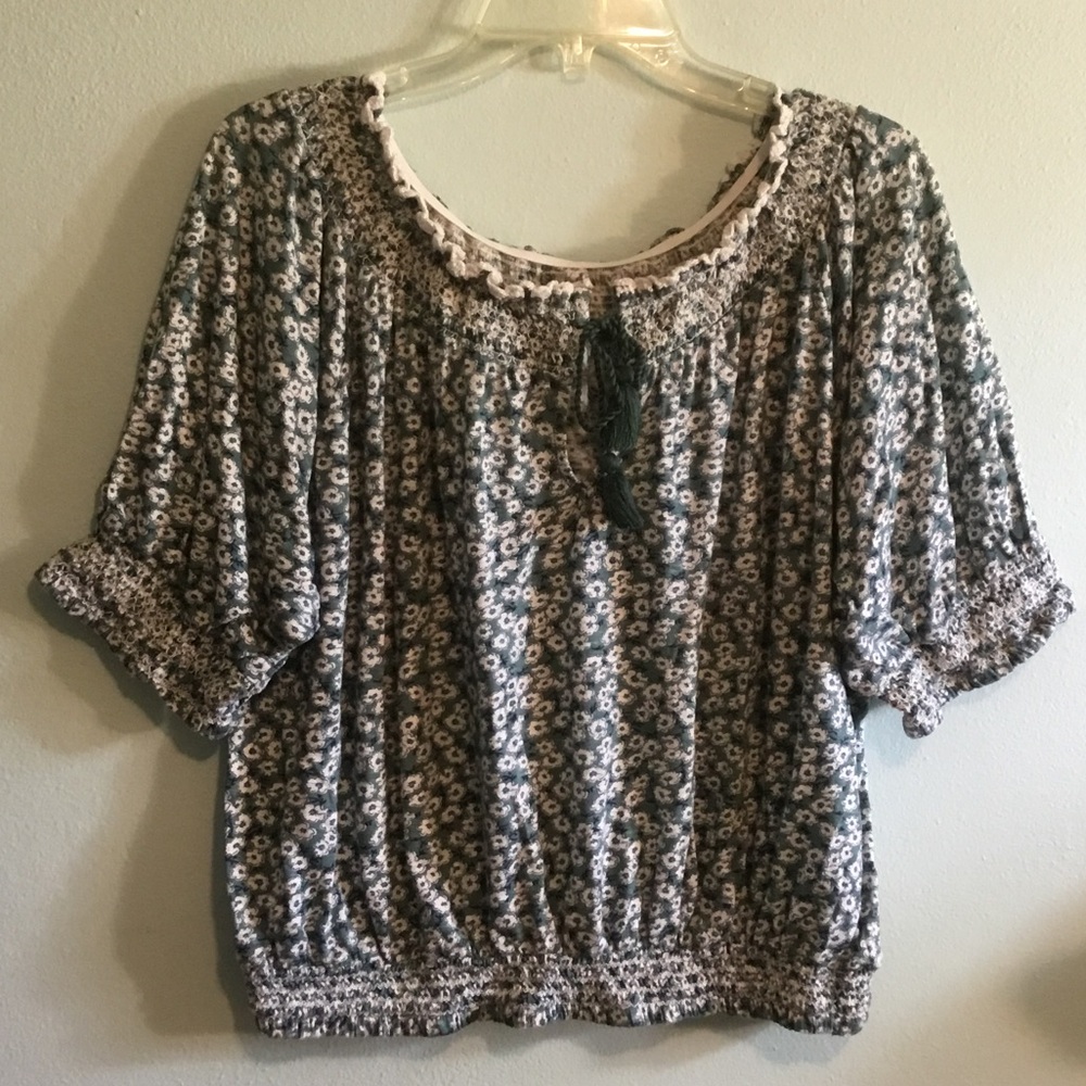 Lucky Brand Green and Navy Floral Smocked Peasant Blouse